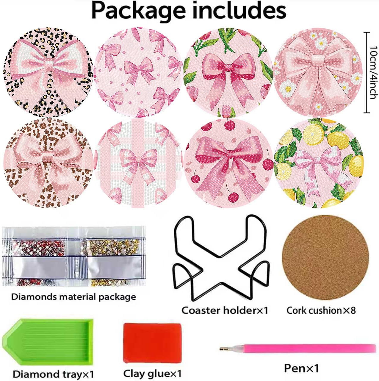 HHMATITS 8 Pcs Diamond Art Coasters Kit, Pink Bow Diamond Art Coaster with Holder Cork for Adults Beginners, 5D DIY Full Round Diamonds Painting Coasters Kit for Gifts 4X4 Inch