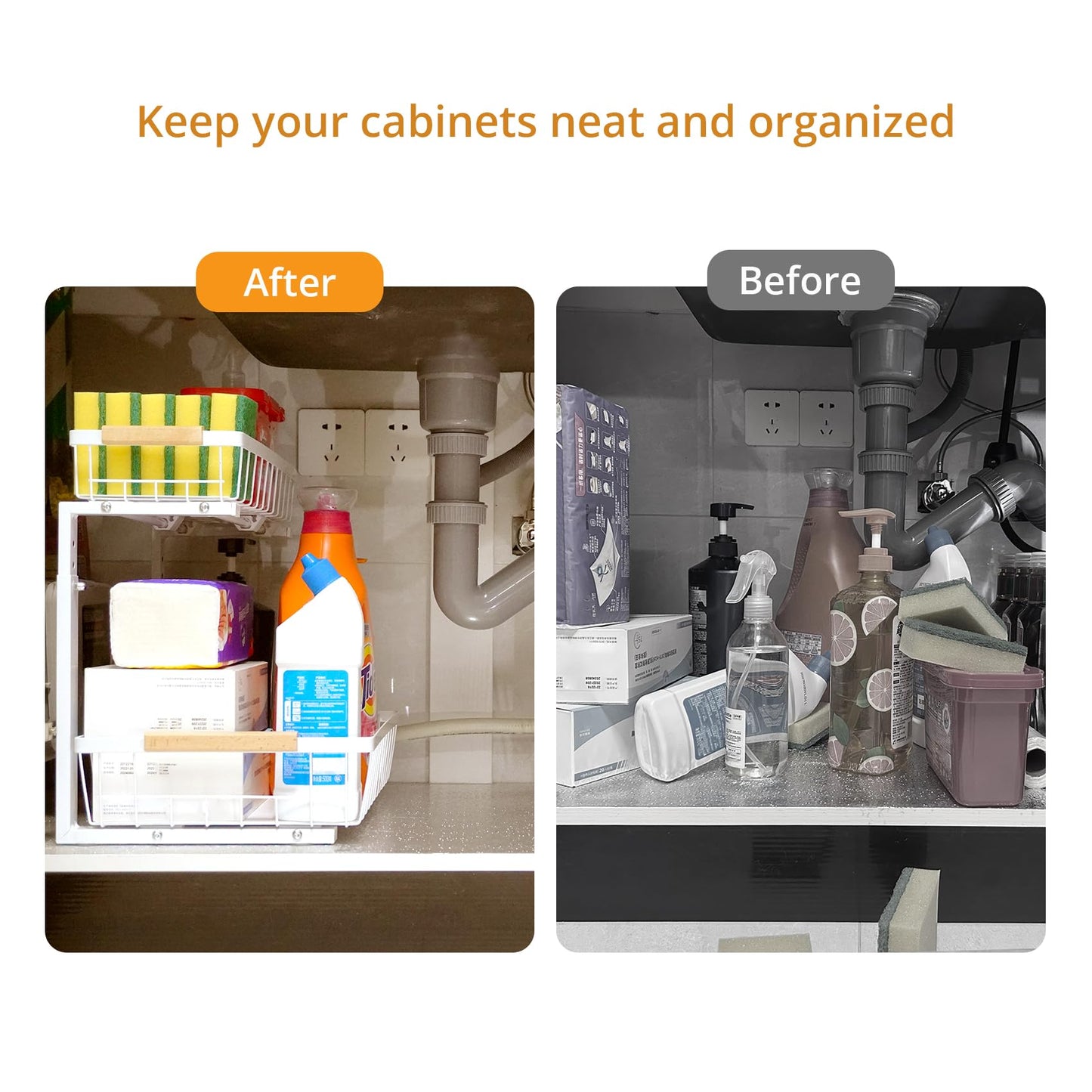 whalenoble Under Sink Organizer 2 Pack, 2 Tier Pull Out Cabinet Organizers and Storage for Kitchen Bathroom Pantry Laundry, Adjustable Height, Slide Out Thickened Metal Storage Shelf (Black, 2 Pack)