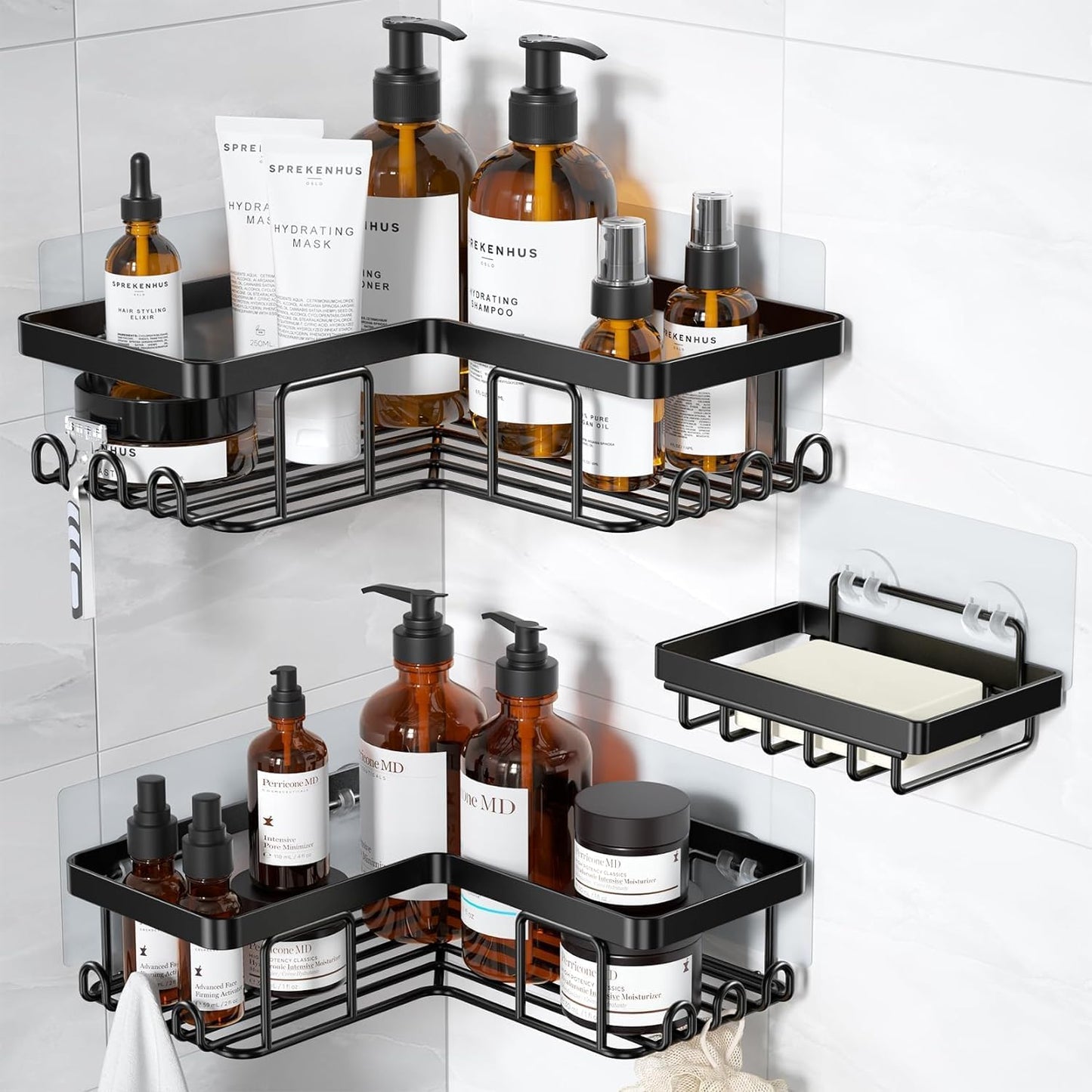 12 3-Pack YASONIC Corner Adhesive Shower Caddy, with Soap Holder and Hooks, Rustproof Stainless Steel Bathroom