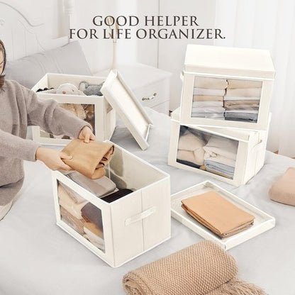 Homsorout Foldable Storage Boxes - Large Organiser Cubes with Lids & Clear Windows | Beige Fabric Containers