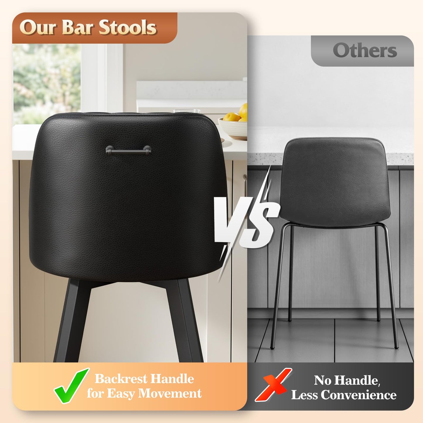Memobarco Swivel Bar Stools with Backs, 26 Inches Counter Height Bar Stools Set of 3, PU Leather Upholstered Counter Barstools with Metal Legs and Footrest for Kitchen Island, Home Bar, Black