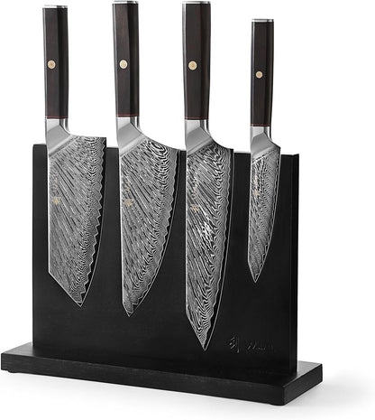 Wakoli Culinary Asia Damascus 4-Piece Knife Block Set with Magnetic Block – Professional Kitchen Knives made of 67-Layer Damascus Steel Blades & VG10 Core – Ergonomic Dark Oak Wood Handles in Gift Box