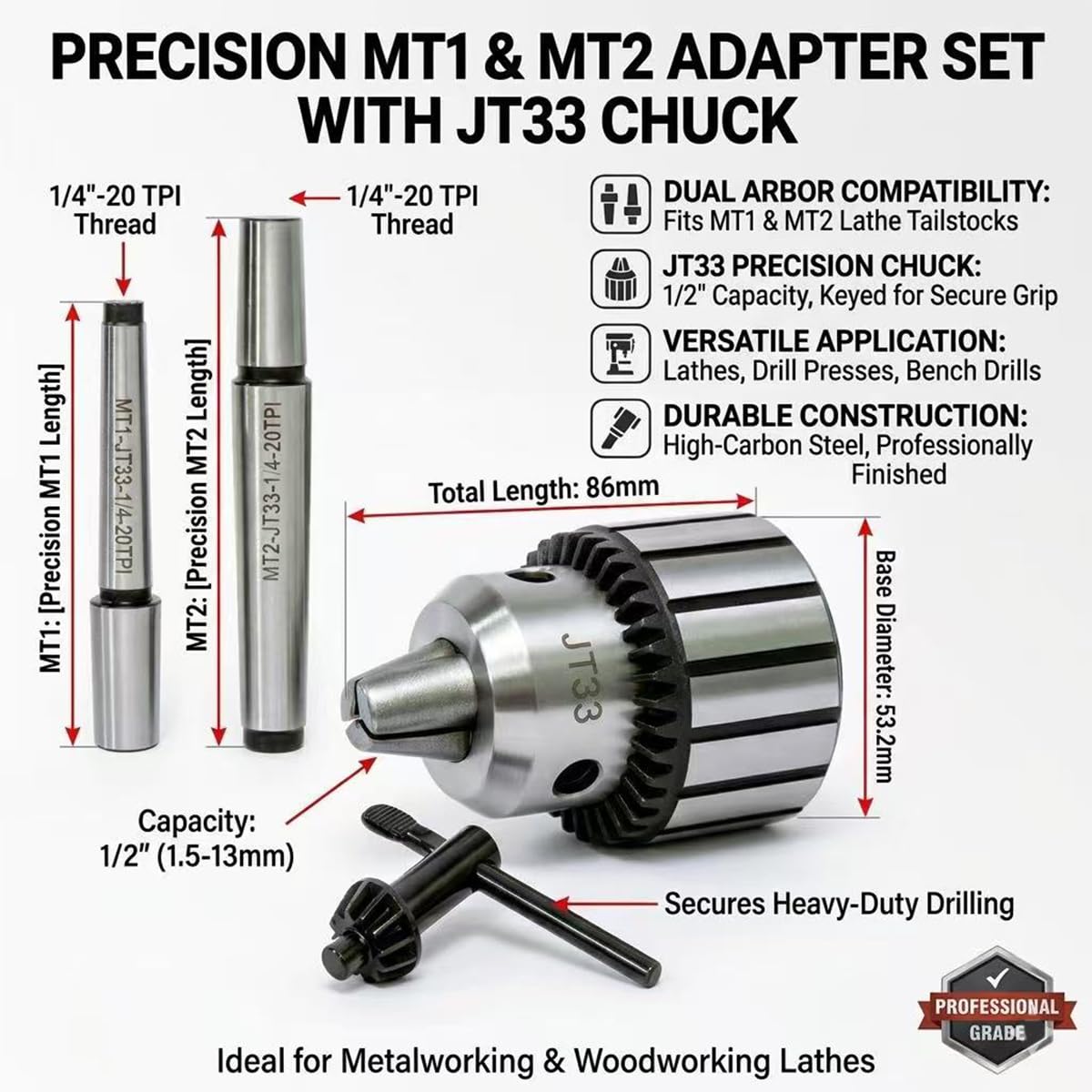 Ladulesby MT1&MT2 Lathe Drill Chuck Adapter Set - 1/2"(1-13mm）Drill Press Chuck with Morse Taper Arbor MT1 (JT33-MT1) and MT2 (JT33-MT2) with Chuck Key For Metalworking Lathes And Bench Drill Presses