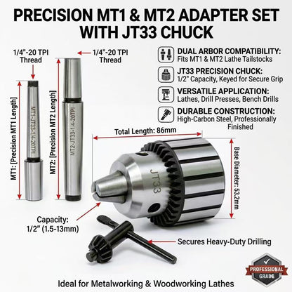 Ladulesby MT1&MT2 Lathe Drill Chuck Adapter Set - 1/2"(1-13mm）Drill Press Chuck with Morse Taper Arbor MT1 (JT33-MT1) and MT2 (JT33-MT2) with Chuck Key For Metalworking Lathes And Bench Drill Presses