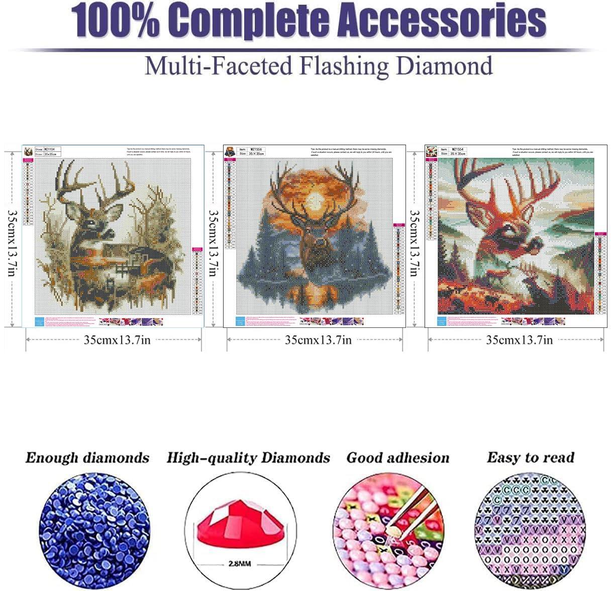 Xylogist 3 Packs Deer Diamond Art Kits for Adults,Deer Diamond Paintings Kits for Beginners,5D Diamonds Art Dot, Round Full Drill Diamonds Gem Craft Kit Home Wall Decor Gifts 13.8x13.8 Inches