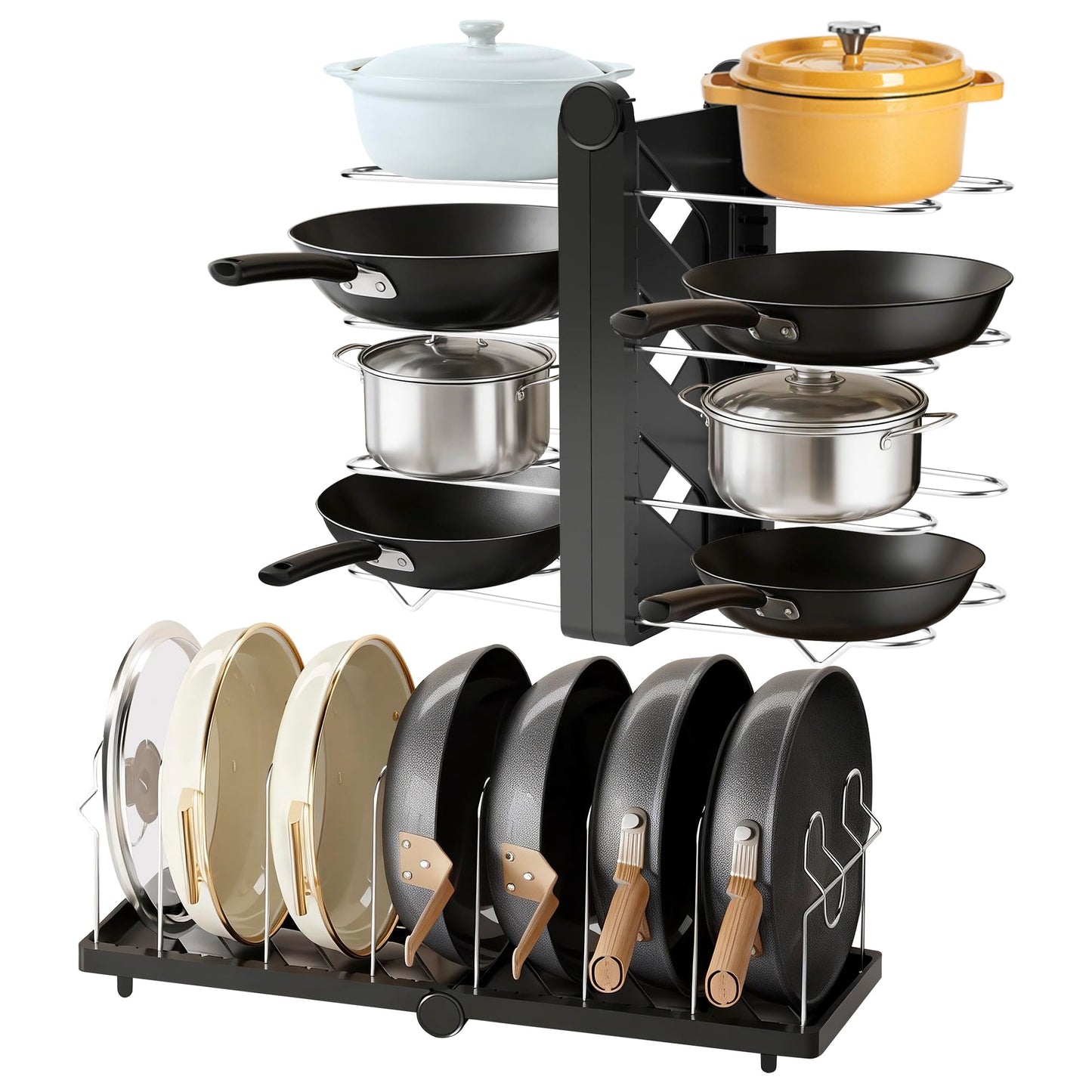 CEHNCEH Foldable Pots and Pans Organizer Under Cabinet 28.5" L x 9.1" W x 9.9" H Expanded, Folds Flat Adjustable 8-Tier Stainless Steel Dividers Kitchen Cabinet Cookware Baking Frying Rack (Black)