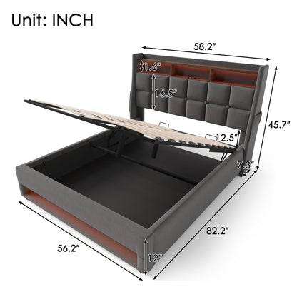 DNYN Full Size Upholstered Lift Up Storage Bed with Stylish Headboard & Linen Fabric & USB Ports Design,Solid Wood Platform Bedframe w/Hydraulic System,No Box Spring Need & Super Save Space, Gray