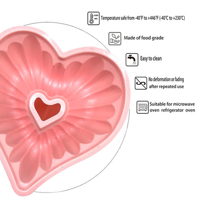 Kundalini Heart Shaped Cake Pan, 2PCS 9 Inch Heart Fluted Tube Cake Pans, Nonstick Silicone Cake Molds for Making Wedding, Valentine's Day and Family Cakes