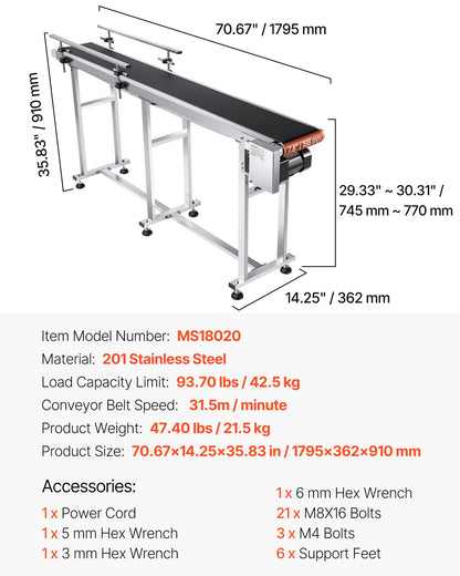 VEVOR PVC Belt Conveyor 71″x 7.8″, Electric PVC Conveyor 110V Adjustable Automatic Speed, Conveyor Machine with Double Guardrail, in Stainless Steel, Industrial Transport Equipment