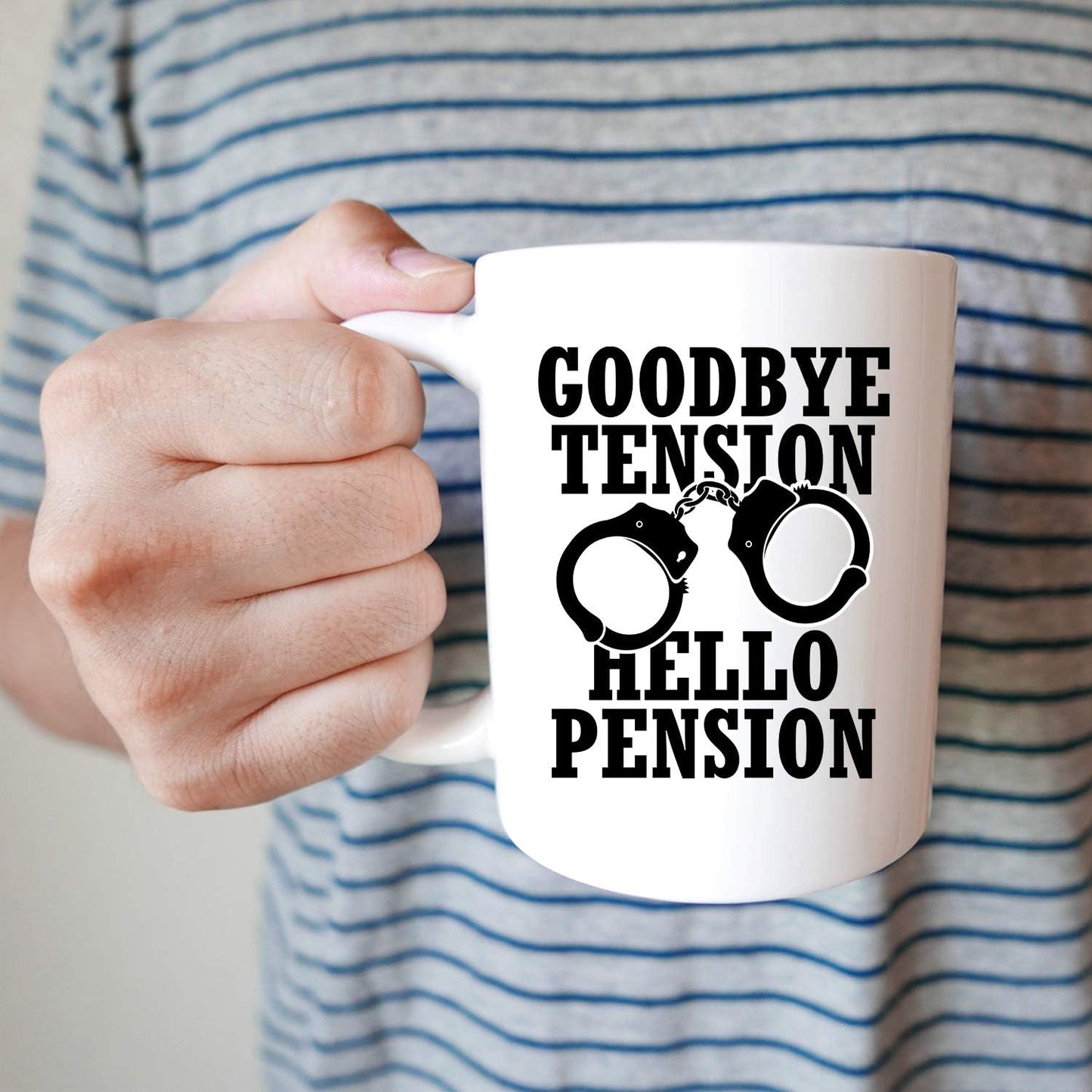 YouNique Designs Goodbye Tension Hello Pension - 11 Oz Portable Coffee Mug, Retirement Gift for Police Officer