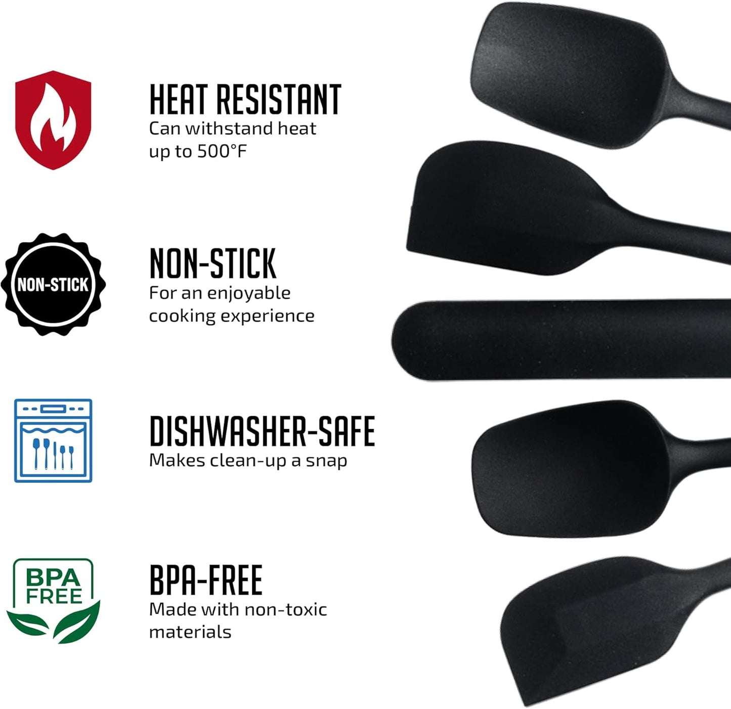 OVENTE Set of 5 Silicone Spatulas, Heat Resistant Food Grade Rubber with Stainless Steel Core, Black