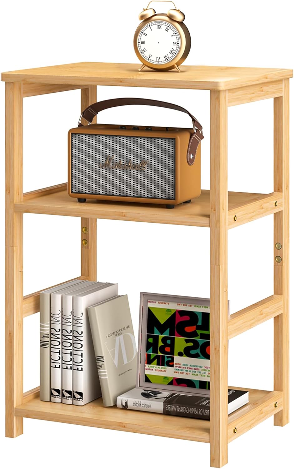 VASMIA 3-Tier End Table, Side Table with Storage Shelf, Bamboo Nightstand Bedside Table for Small Spaces, Bedroom
