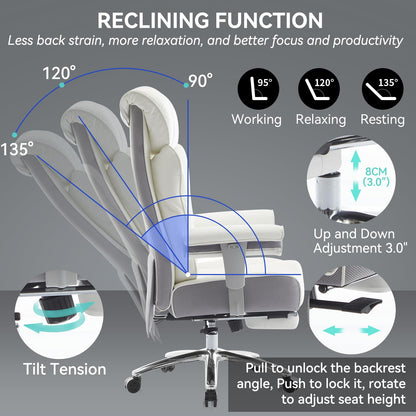 Efomao Big and Tall Office Chair with Footrest, 450lbs High Back Executive Chair with Spring Cushion, PU Leather Upholstery, Padded Armrests, Swivel Base, and Rolling Wheels – White Computer Chair
