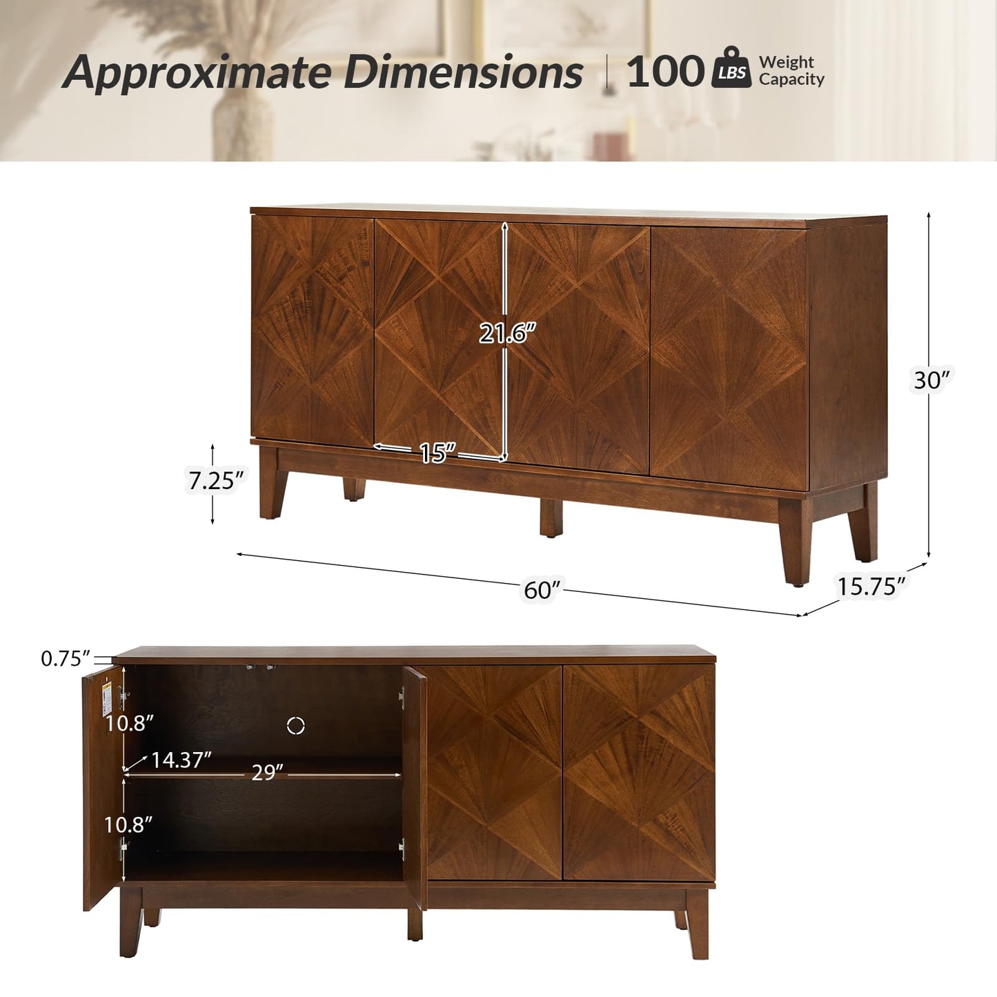 Mid Century Modern Walnut Console Cabinet - 60" Sideboard Buffet with Adjustable Shelves and Handles for Living Room, Kitchen