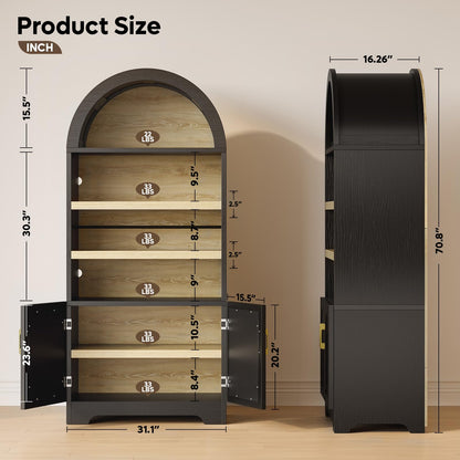 Bestier 71" Tall Arched Kitchen Pantry, Arched Cabinet with Doors, Modern Farmhouse Wood Kitchen Storage Cabinets with 3-Tier Adjustable Shelves for Living Room, Dining Room, Ktichen, Black