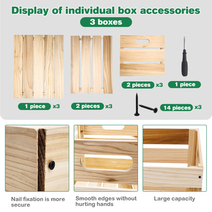 varrisin 3 Pcs Large Wood Crates Box for Deco Storage Nesting Wood Boxes with Handles Decorative for DIY Office Home Storage Art Craft (15.7x11.8x10.5in)