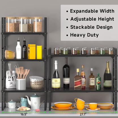 SOFRON Expandable Cabinet Organizer Shelf - Adjustable Width (16.5”-27.1”), Stackable, Heavy Duty 80 lbs, for Kitchen Pantry, Countertop, Office, Spice Rack - Black, Small Size, 1 Pack