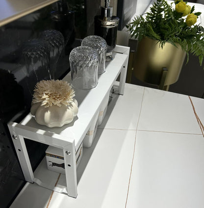 Small Expandable Shelf Organizer, 16~26" Stackable Kitchen Counter Rack for Narrow Space Storage, White
