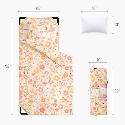 Wake In Cloud - Cot Nap Mat with Pillow and Blanket, for Toddler Kids Girls Ages 3 Plus in Daycare Kindergarten Preschool with Elastic Corner Straps, Floral Botanical Flowers, Peach Beige