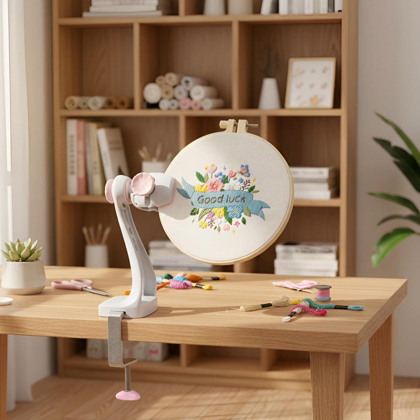 Embroidery Hoop Stand - Needlepoint & Cross Stitch Holder, Upgraded Firm Clamp, Easy Lock/Release, Fits Most Hoops, Anti-Loose Screws