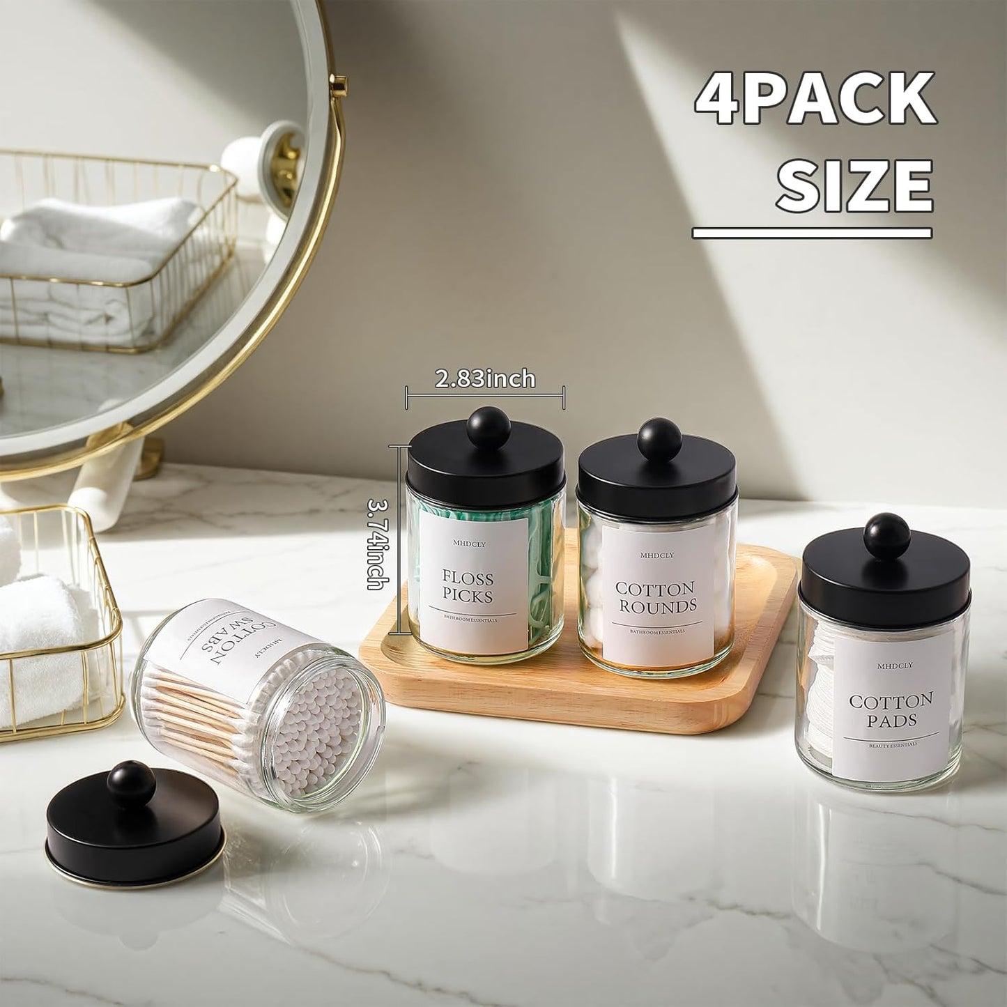 Skiennix Bathroom Organizers - 4 Pack Storage Accessories with Black Lids for Aesthetic Decor