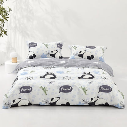 SAPHREAS Home Queen Size Cute Cartoon Pandas Duvet Cover Set 3pcs Animal Comforter Cover 100% Cotton Kids Duvet Cover Set 1 Duvet Cover 2 Pillow Shams