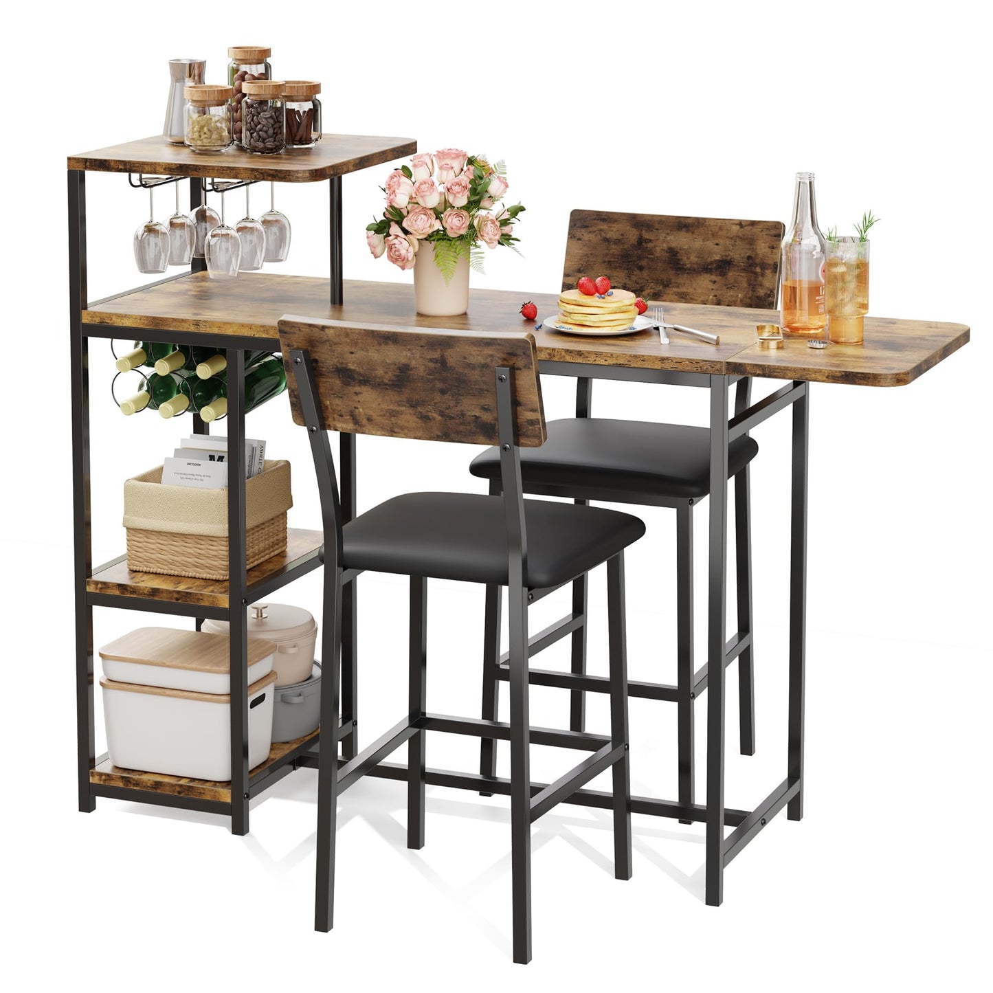 GarveeHome Bar Table and Chairs Set for 2, 3-Piece Bar Table Set with Storage Shelves, Cup Holder & Wine Rack, PU Leather Bar Stools, Small Dining Table for 2 for Kitchen, Breakfast Nook, Brown