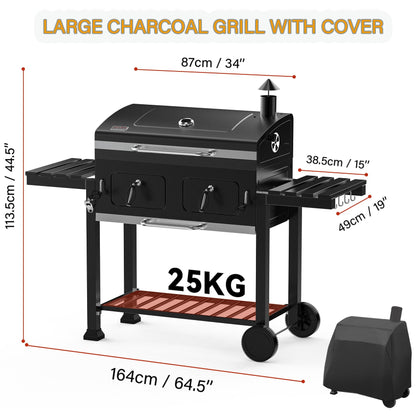 ONLYFIRE GRILLS Large BBQ Charcoal Grill with Cart & 2 Liftable Charcoal Trays, 794 SQ.IN Cooking Area, Heavy Duty Outdoor Barbecue Grill with Foldable Side Tables, Wheels & Cover, GS339