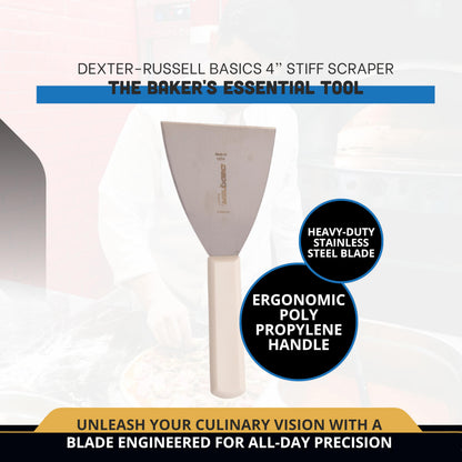 Dexter-Russell Basics 4” Stiff Scraper – P94850, Heavy-Duty Stainless Steel Blade with Ergonomic Polypropylene Handle, 8.5” Overall Length, NSF Certified, Made in USA
