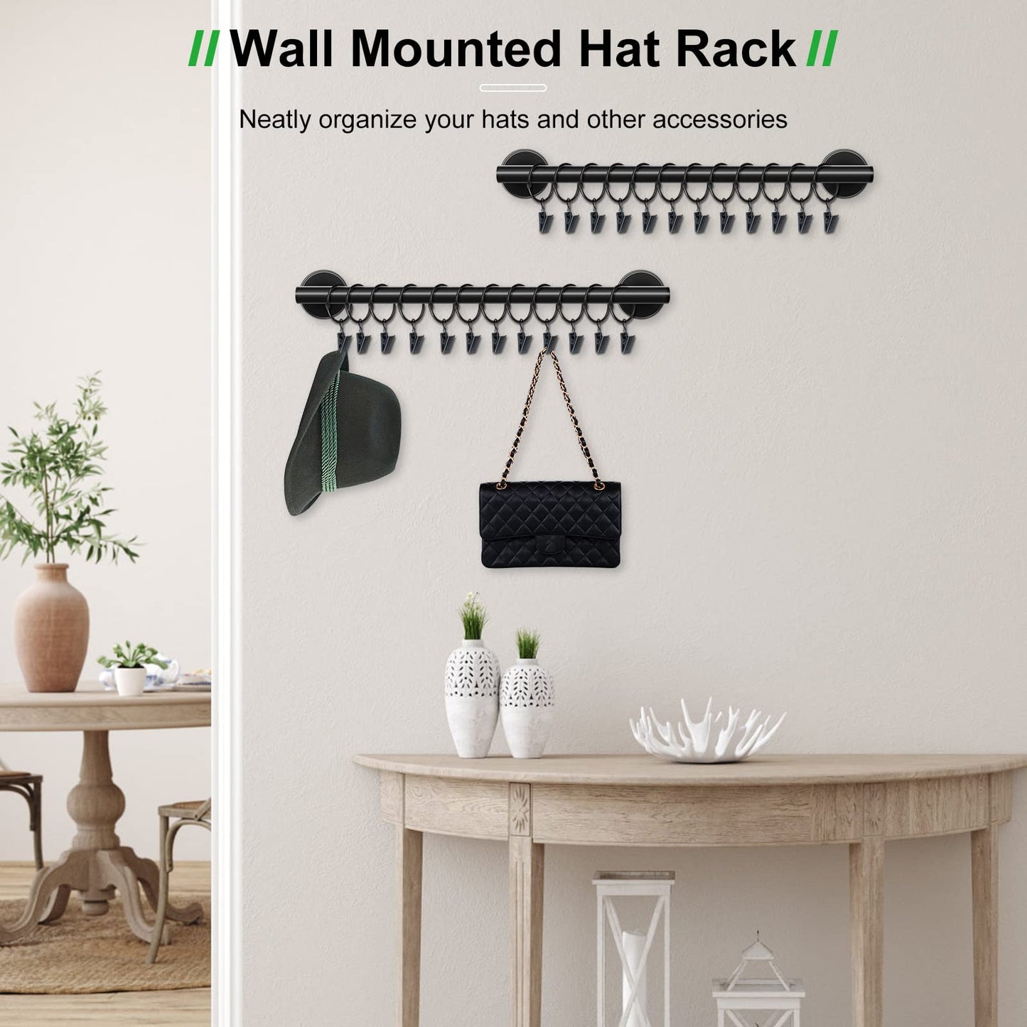 Lunies Hat Rack for Wall with 24 Hooks, Hat Organizer Holder for Baseball Caps, Cap Organizer Hanger, Hat Hanger for Closet, Black Hat Holder with Clips 2 Pack