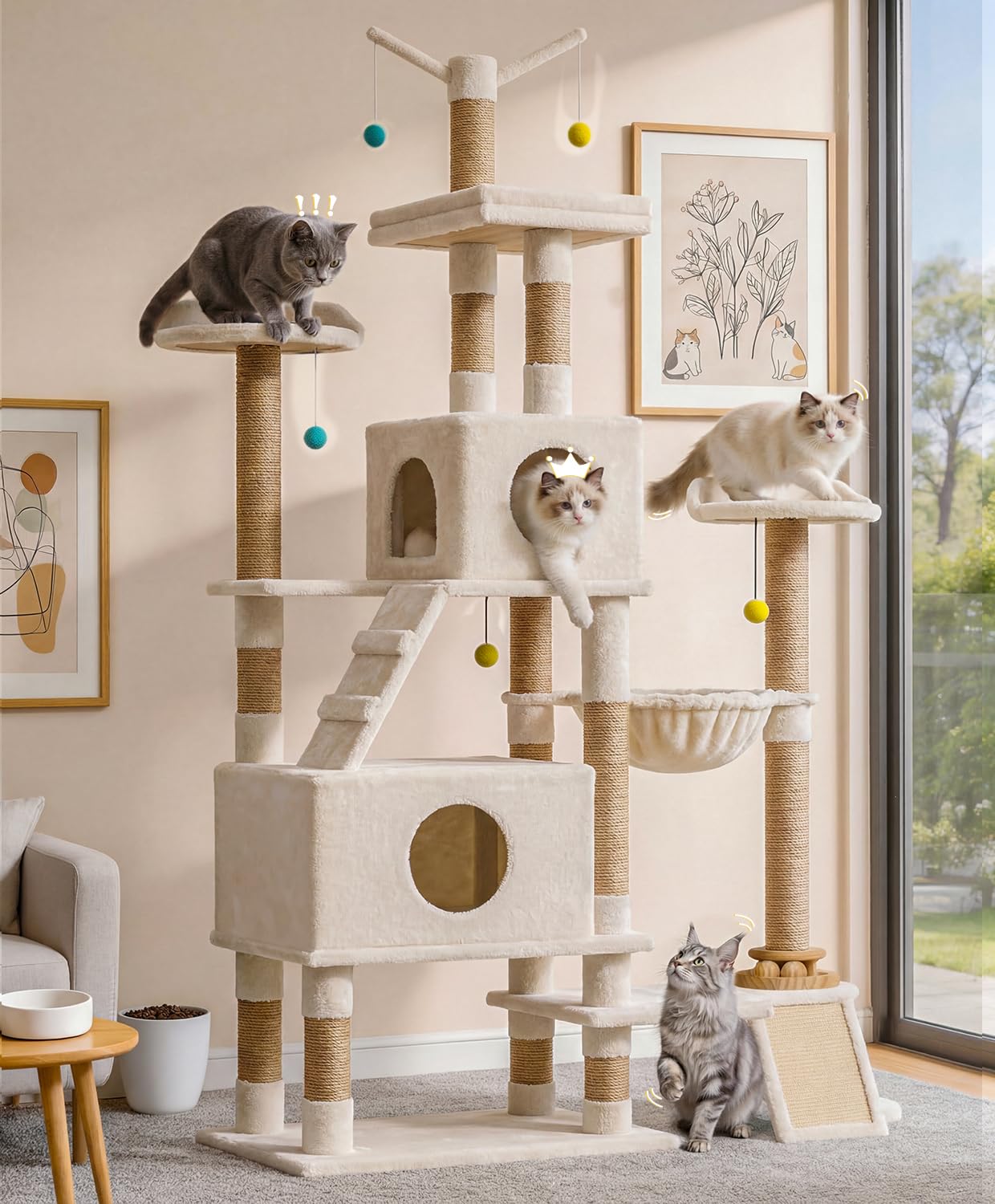 Catlike【Rock-Solid Real Wood】 76“ Tall Cat Tree for Large Cats, No Wobble Even at the Top, Extra-Large Condos for Maine Coons & Big Cats, Indoor Cat Tower with Scratching Posts, Perches & Hammmock