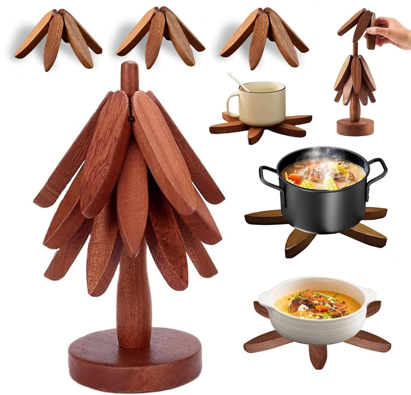 Wood Natural Tree Trivet Set, Christmas Tree Shape Trivets for Hot Dishes, 3-Piece Wooden Set with Stand for Pots, Bowls, Teapots (Dark Brown)