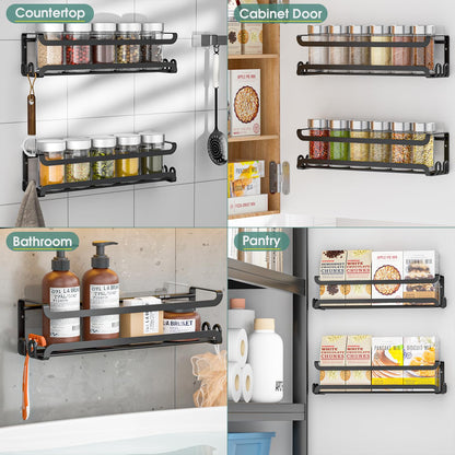 LUCYCAZ 2 Pack Wall Mounted Spice Rack with 8 Hooks, Spice Organizer Shelf for Stove Cabinet Pantry Door,Screw or Adhesive Spice Shelf Hanging Wall Spice Rack in Kitchen and RV (Black, 2 PACK)