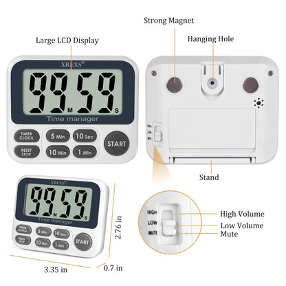 XREXS Digital Kitchen Timer, Magnetic Countdown Up Cooking Timer with Large LCD Display, Adjustable Volume, Loud Alarm & Strong Magnet for Teachers (Batteries Included)
