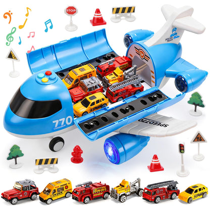 CUTE STONE Toy Airplane with Lights & Sounds, Friction Powered Plane Toy with Mini Cars for Kids, Great Gift for Boys and Girls