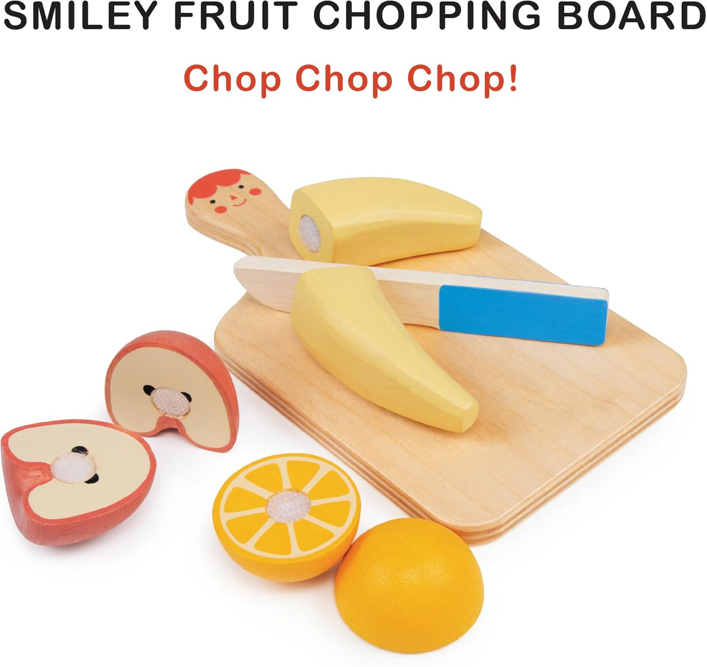 Smiley Fruit Chopping Board Toy Set - 8pc Wood Chopping Board with Play Knife & Choppable Fruits for Toddlers Age 2+