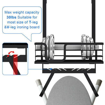 TJ.MOREE Over the Door/Wall Mount Ironing Board Hanger, Laundry Room Iron and Ironing Board Caddy Storage for Water Mister, Fabric Sprays, Laundry Detergent