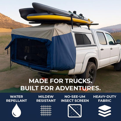DAC Full-Size Truck Bed Tent for Caps– Fits Ford F-150, Chevy Silverado, Toyota Tundra, Tacoma (2005+), Tailgate ≥ 58" – Converts Truck with Cap into Camping Tent