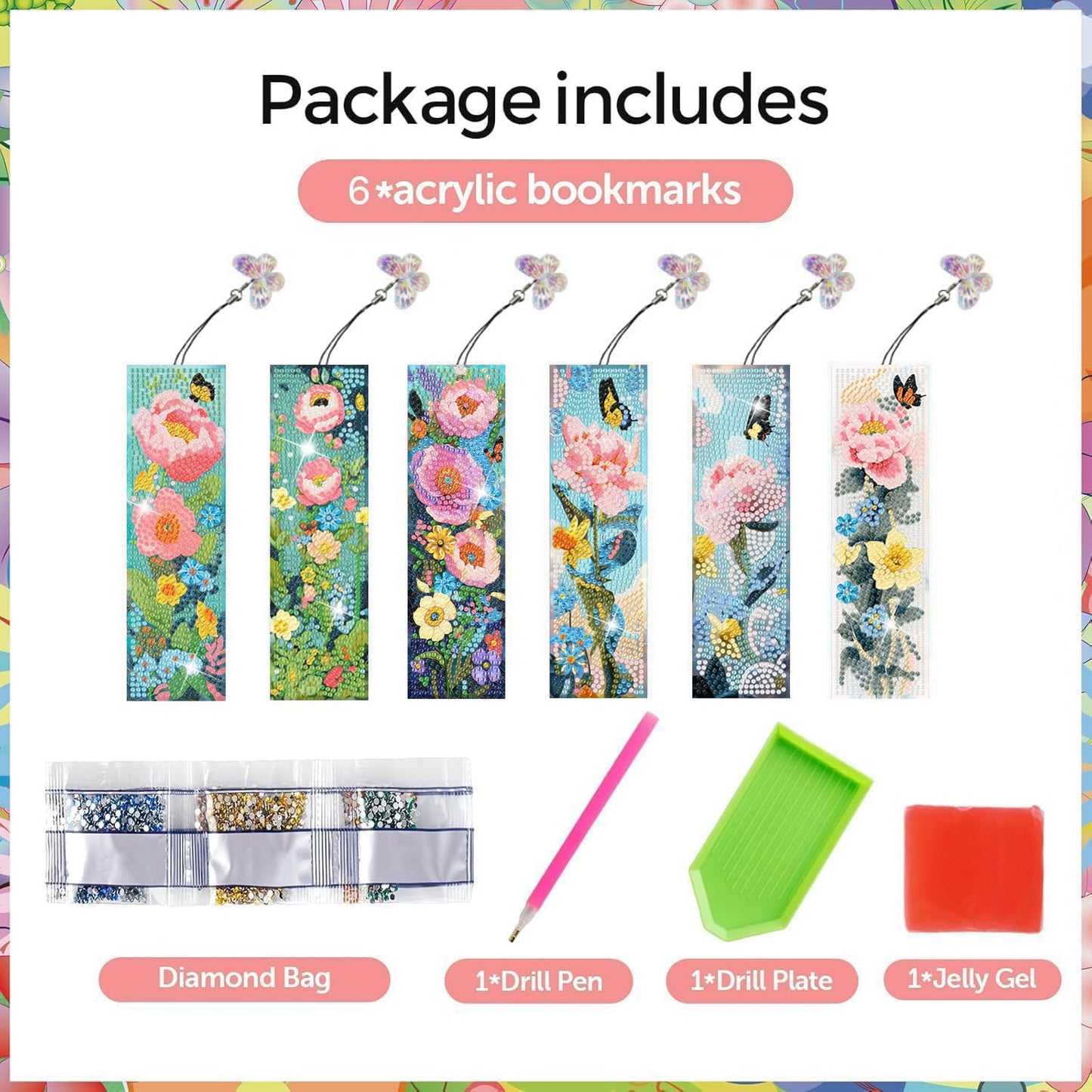 Puraikcmi 6 PCS 5D DIY Diamond Art Bookmarks,Butterflies and Flowers Diamond Painting Bookmarks Kits with Tassels Acrylic, Rhinestone Crafts Decoration Gift Set for Book Lovers Beginners & Adults