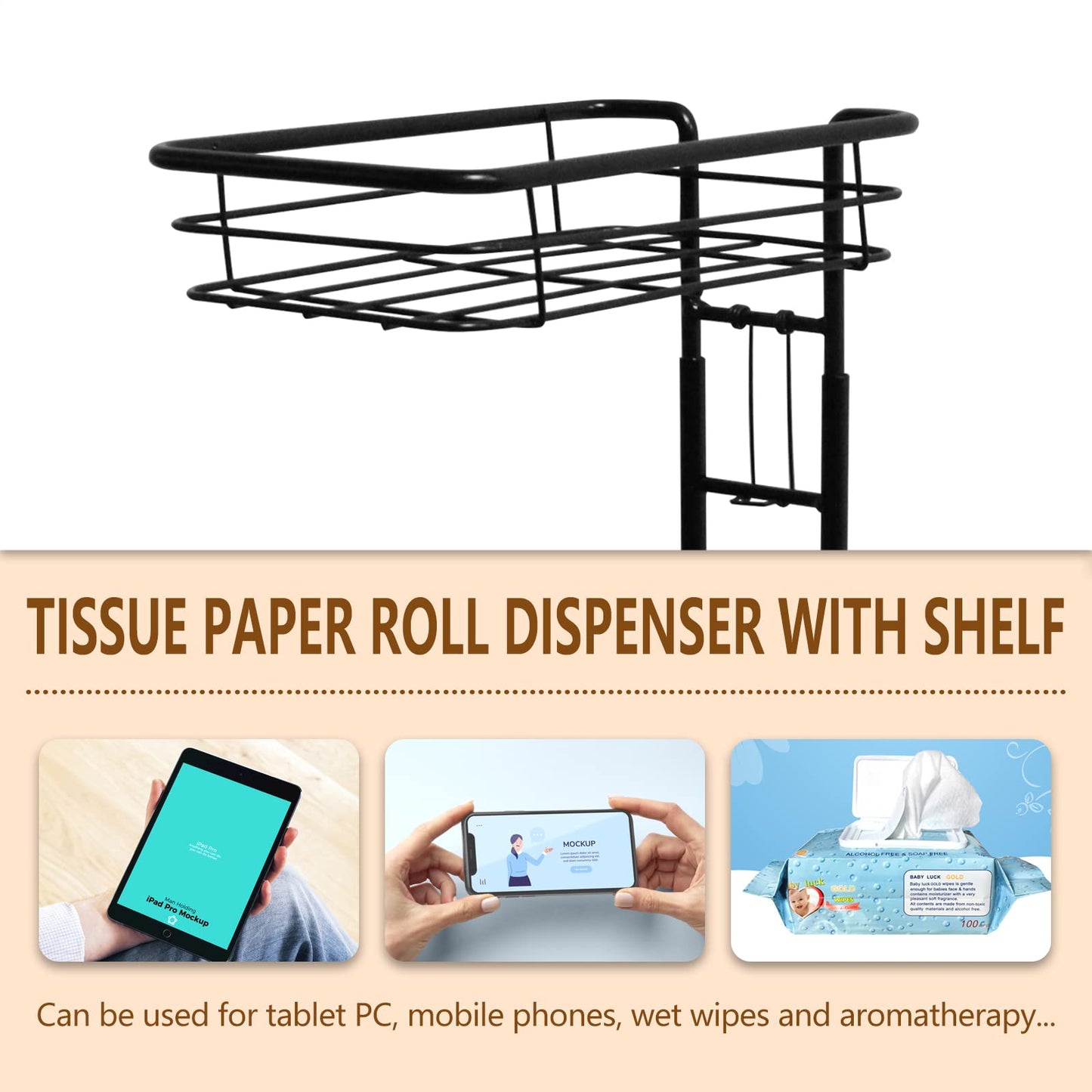Toilet Paper Holder Stand Bathroom Toilet Paper Storage with Raised Base, Tissue Paper Roll Dispenser with Top Shelf (Black)