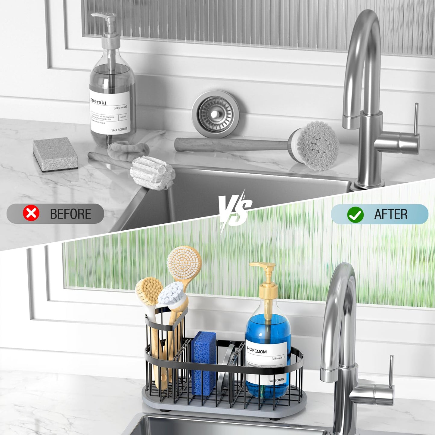 HOKEMOM Sponge Holder for Kitchen Sink with High Brush Holder, [Stay-Dry Anywhere & No Drainage Needed] Rustproof Stainless Steel Kitchen Sink Caddy Organizer with Water Absorbing Stone Tray, Black