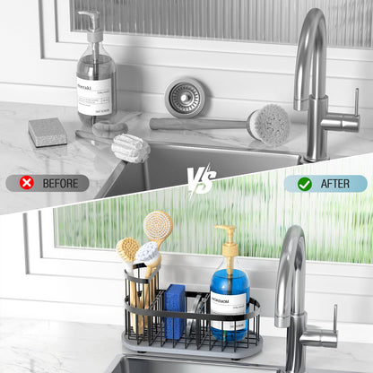 HOKEMOM Sponge Holder for Kitchen Sink with High Brush Holder, [Stay-Dry Anywhere & No Drainage Needed] Rustproof Stainless Steel Kitchen Sink Caddy Organizer with Water Absorbing Stone Tray, Black