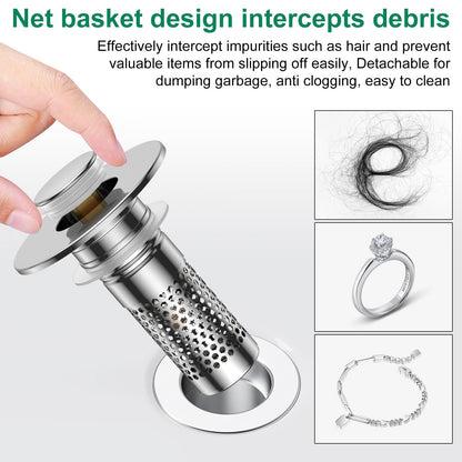 Bathroom Sink Drain Strainer,Universal Pop-Up Sink Stopper Hair Catcher, Anti-Clog Stainless Steel Drain Filter Basket, Removable Sink Drain for Bathroom Sink Stopper