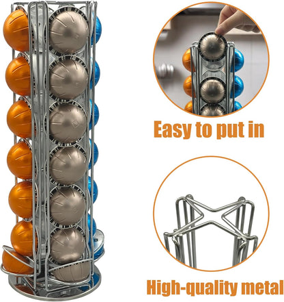 Coffee Capsule Holder for Nespresso Vertuoline, Rotating Pod Rack Holds 28 Nespresso Vertuo Pods (Silver)