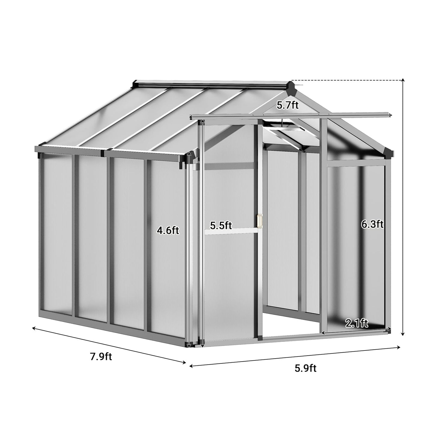 Greenhouse, 6x8 Ft Outdoor Greenhouses, Accessible Green House with Roof Vents and Sliding Doors, Aluminum Frame Polycarbonate Greenhouses, Large Greenhouse for Outdoor Gardens and Backyards, Silver