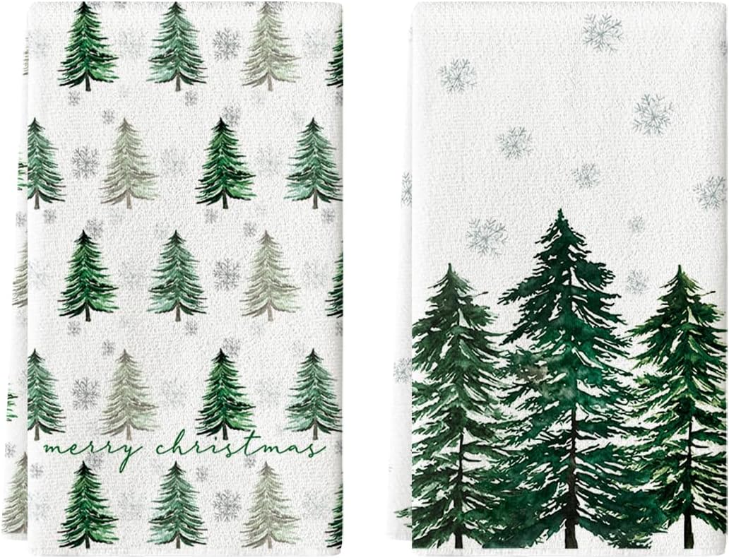 18x26 Inch Set 2 Artoid Mode Green Xmas Tree Merry Christmas Kitchen Towels Dish Towels, Farmhouse Snowflakes Winter