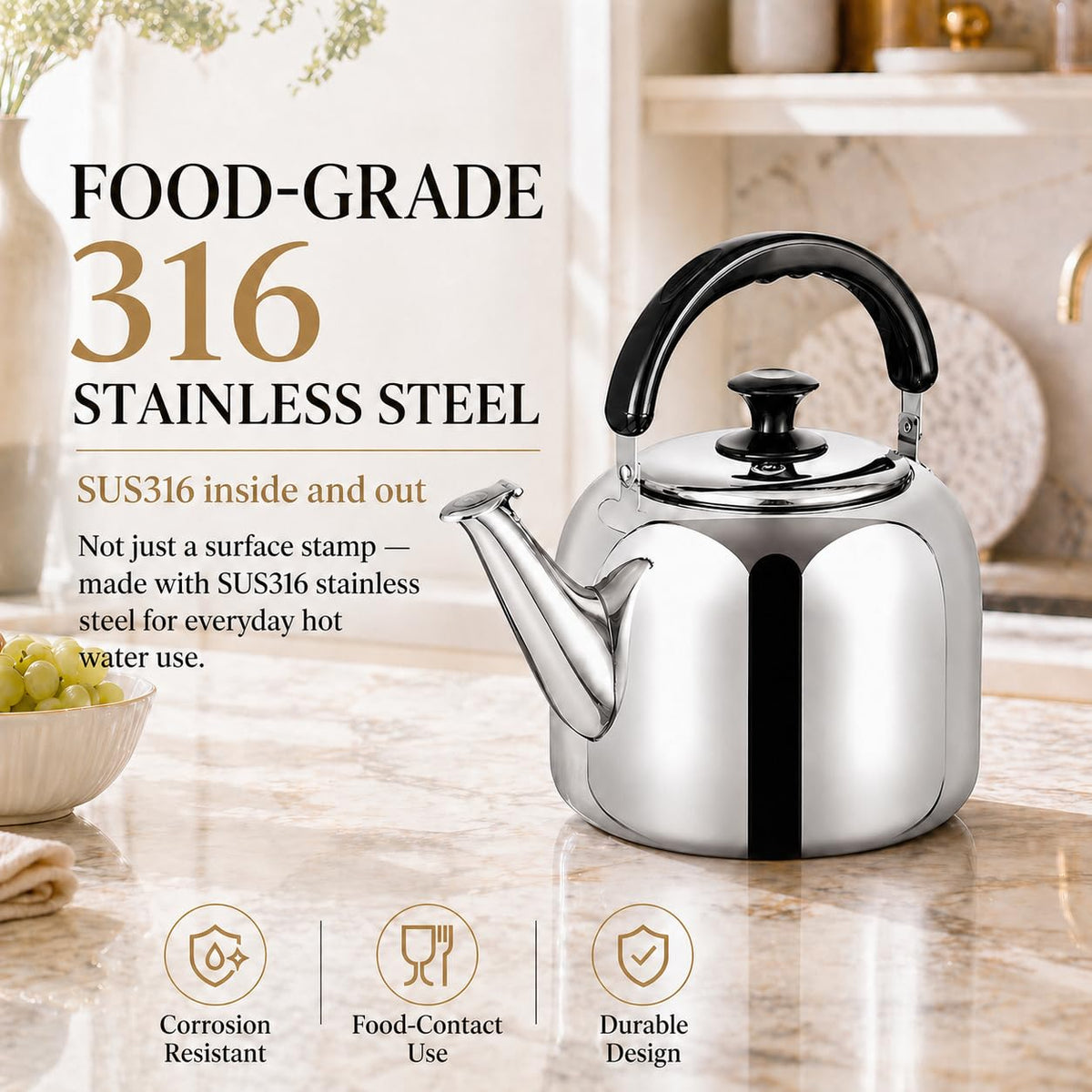 Whistling Stovetop Tea Kettle,Food Grade 316 Stainless Steel,Hot Water Fast to Boil,Stovetop Kettle with Ergonomic Handle,5.3 Quart Capacity