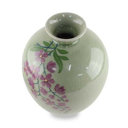 NOVICA Artisan Handcrafted Celadon Ceramic Vase Floral from Thailand Pink Vases [8.5in H x 6.5in Diam.] ' Round Garden'