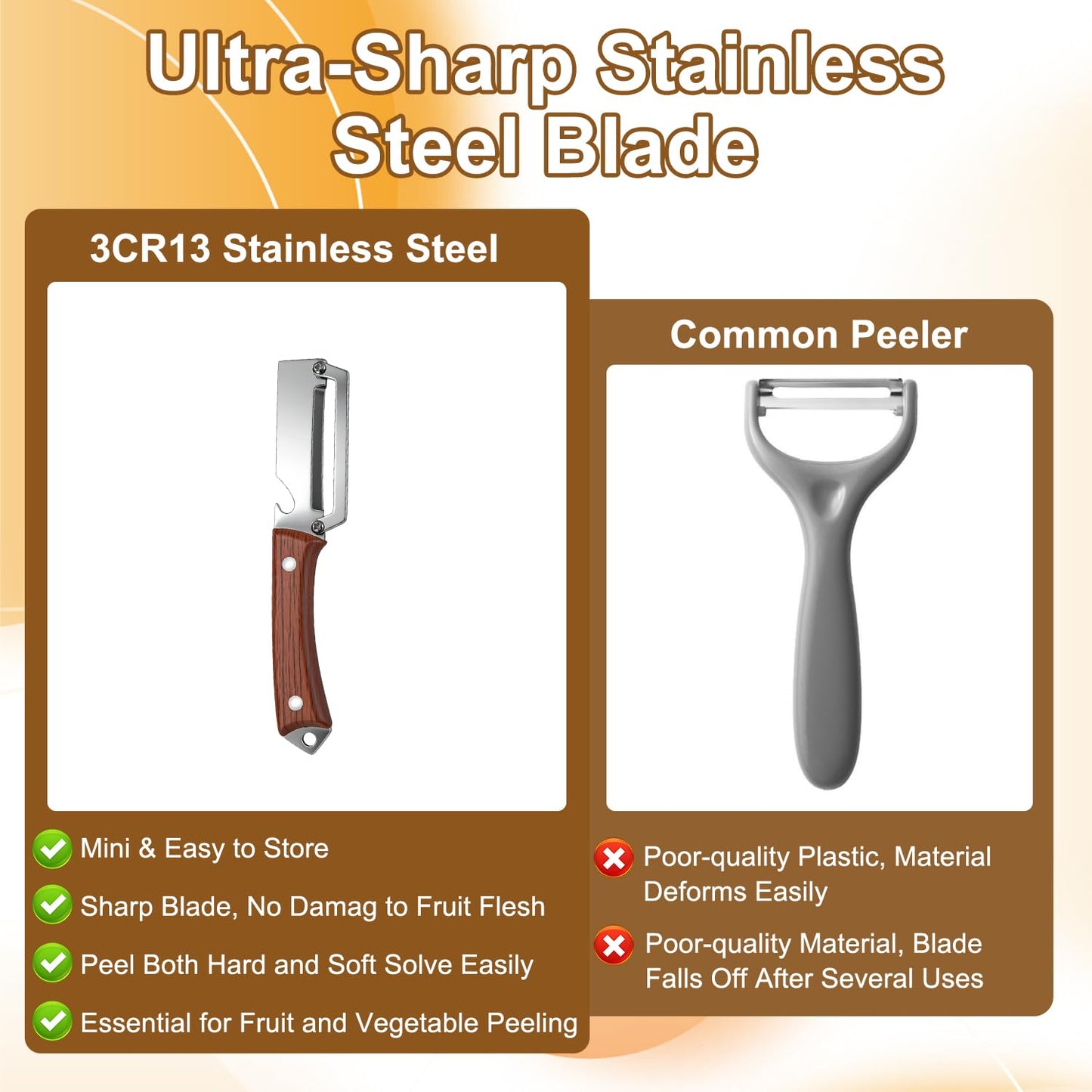 2PCS Premium Vegetable Peeler with Wooden Handle and Bottle Opener,Multifunctional 2-in-1 Stainless Steel Kitchen Tool for Potato Fruit Pineapple Pumpkin Papaya Carrot Vegetable Peeler(Mix)
