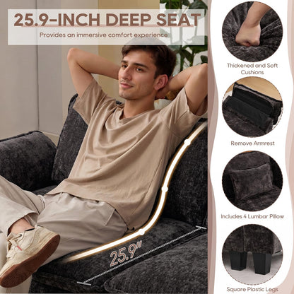 IPKIG 154" Modular Sectional Sofa, Chenille C-Shaped Sectional Couch Comfy Upholstered Seat Sofa with Ottoman, Deep Seat Cloud Couch Sofa for Living Room, Black